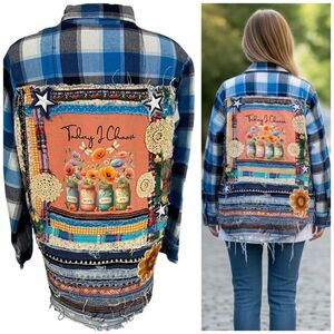 Upcycled Flannel Jacket Shacket Womens 1X Christian Faith Embroidered OOAK  Blue